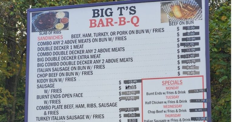 Big T’s Bar Bq Menu