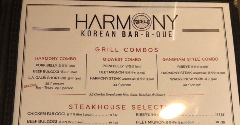 Harmony Korean BBQ Menu