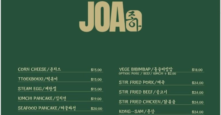 Joa Korean BBQ Menu