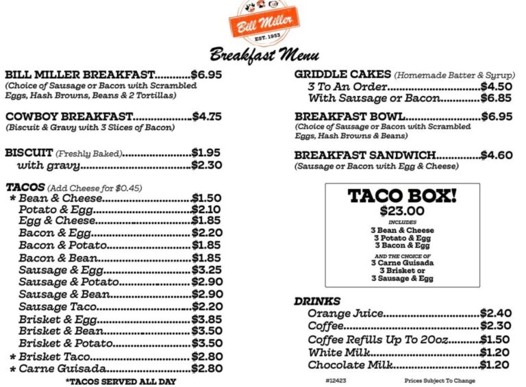 Bill Miller BBQ Menu