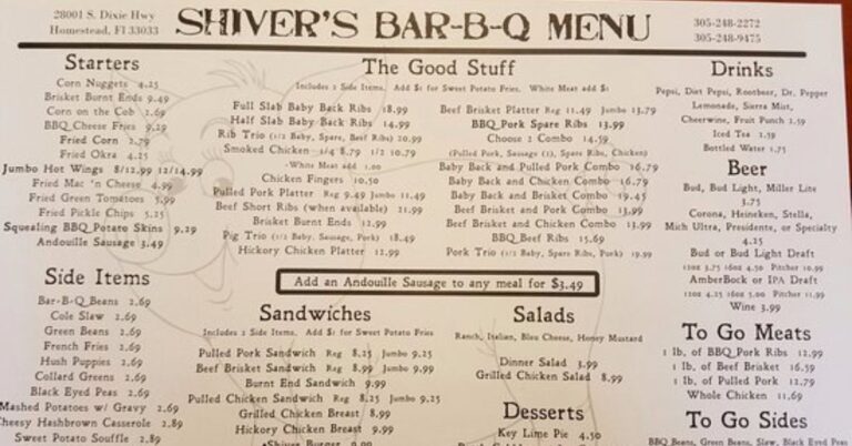 Shiver's BBQ Menu