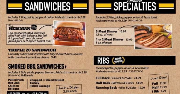 Billy Sims BBQ Menu